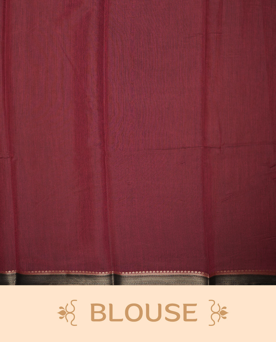 brick red colour mixed chanderi cotton saree with zigzag body pattern, printed geometric pallu with floral border, golden zari border, matching brick red blouse.