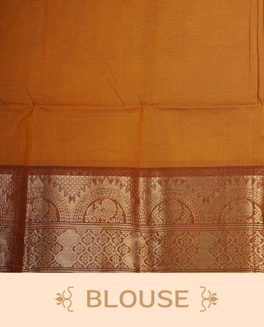 Dark Mustard colour chettinad cotton saree featuring Plain body, complemented by Peacock & Floral Gold Zari border, paired with matching blouse piece.