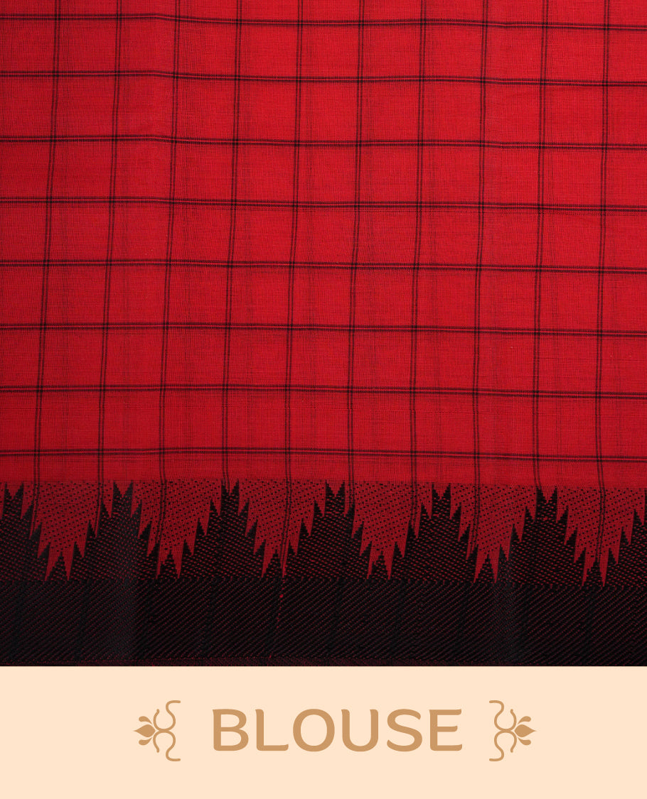 Red Colour Mangalagiri cotton saree Featuring Black Checks Pattern on Body , complemented by an Temple border & Pallu. Paired with a matching blouse piece