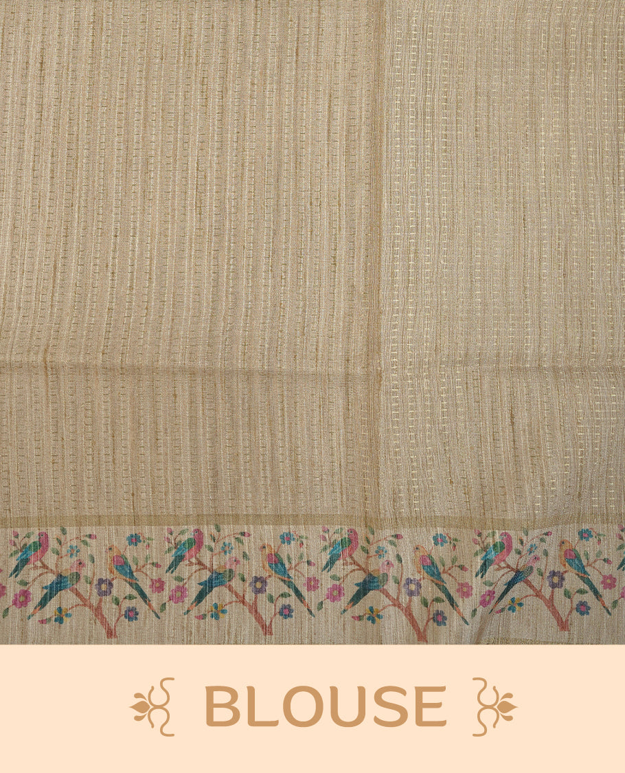 Olive colour tussar saree featuring golden zari dot stripped pattern on the body, complemented by a contrast cream colour mutlicolour floral kodi & animal print on border & pallu, paired with a matching blouse.