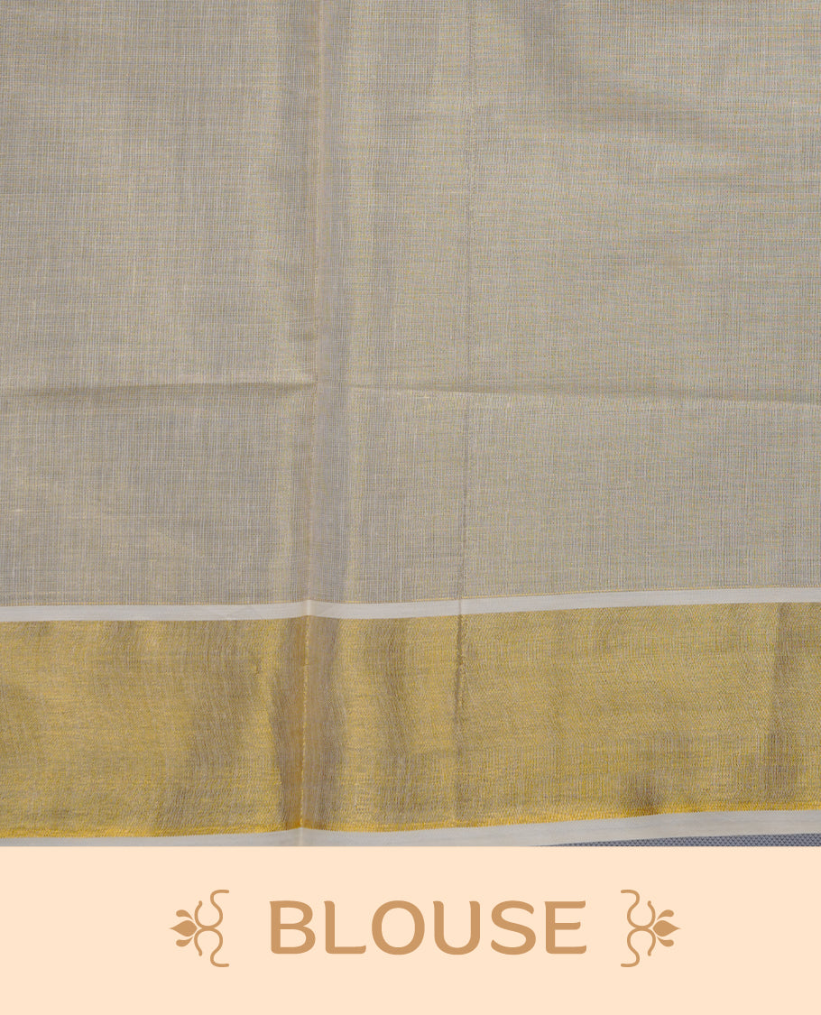 Off-white Kerala kasavu saree with delicate floral embroidery, finished with a classic gold border and paired with a matching blouse.