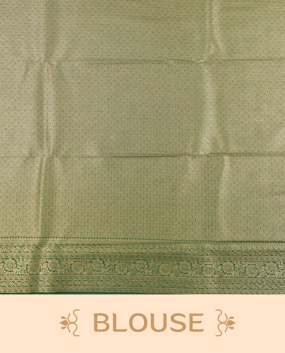 Green colour semi silk brocade saree featuring intricate Gold Floral kodi patterns across the body, complemented by a rich self colour woven border and pallu, paired with a matching blouse.