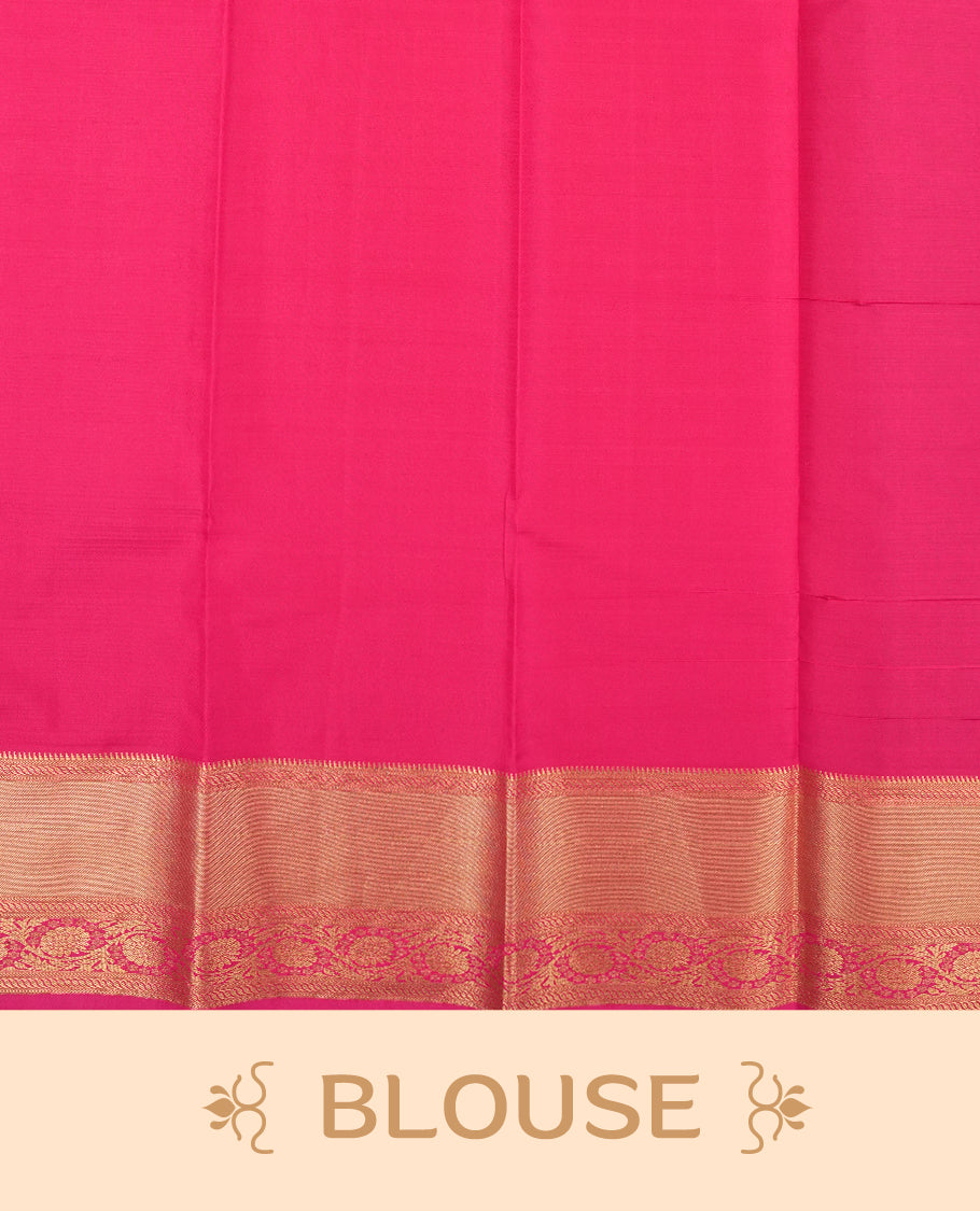 Antique Bronze colour semi soft silk saree featuring a gold colour textured patterned body, complemented by contrast magenta with golden motifes on pallu & border and a matching blouse piece.