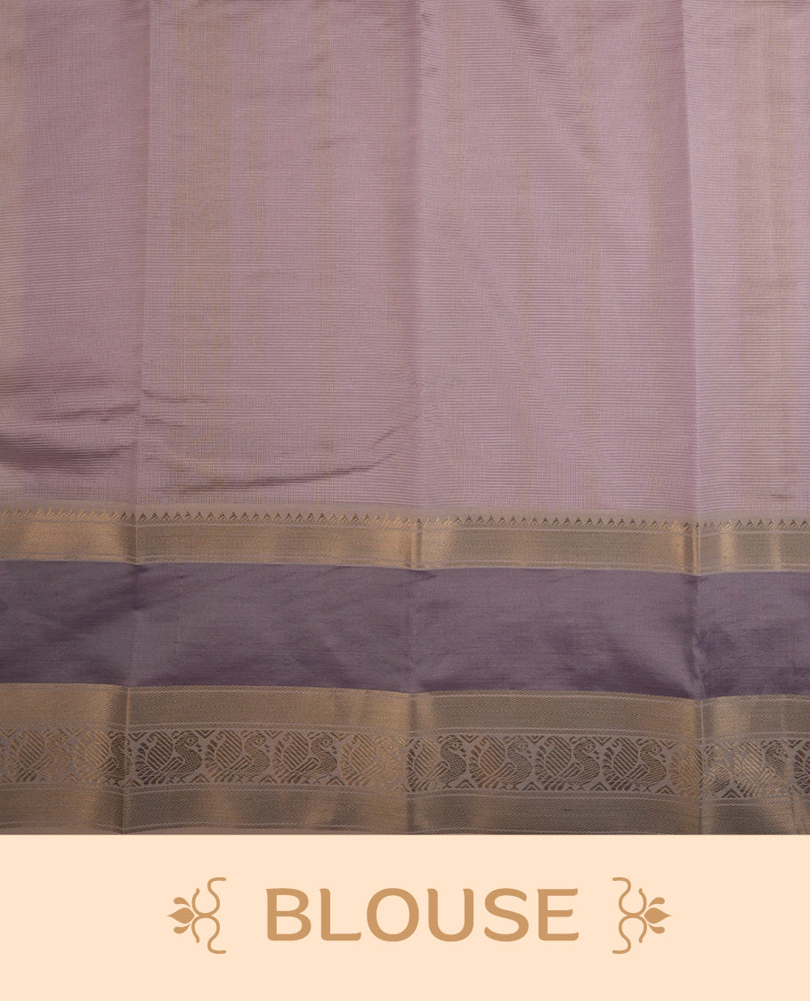 Off-White Colour Mangalagiri Cotton Saree Featuring A Plain Body , Complemented By A Lavender Colour With Light Gold Zari Border & Contrast Colour Pallu, Paired with Matching Blouse Piece.