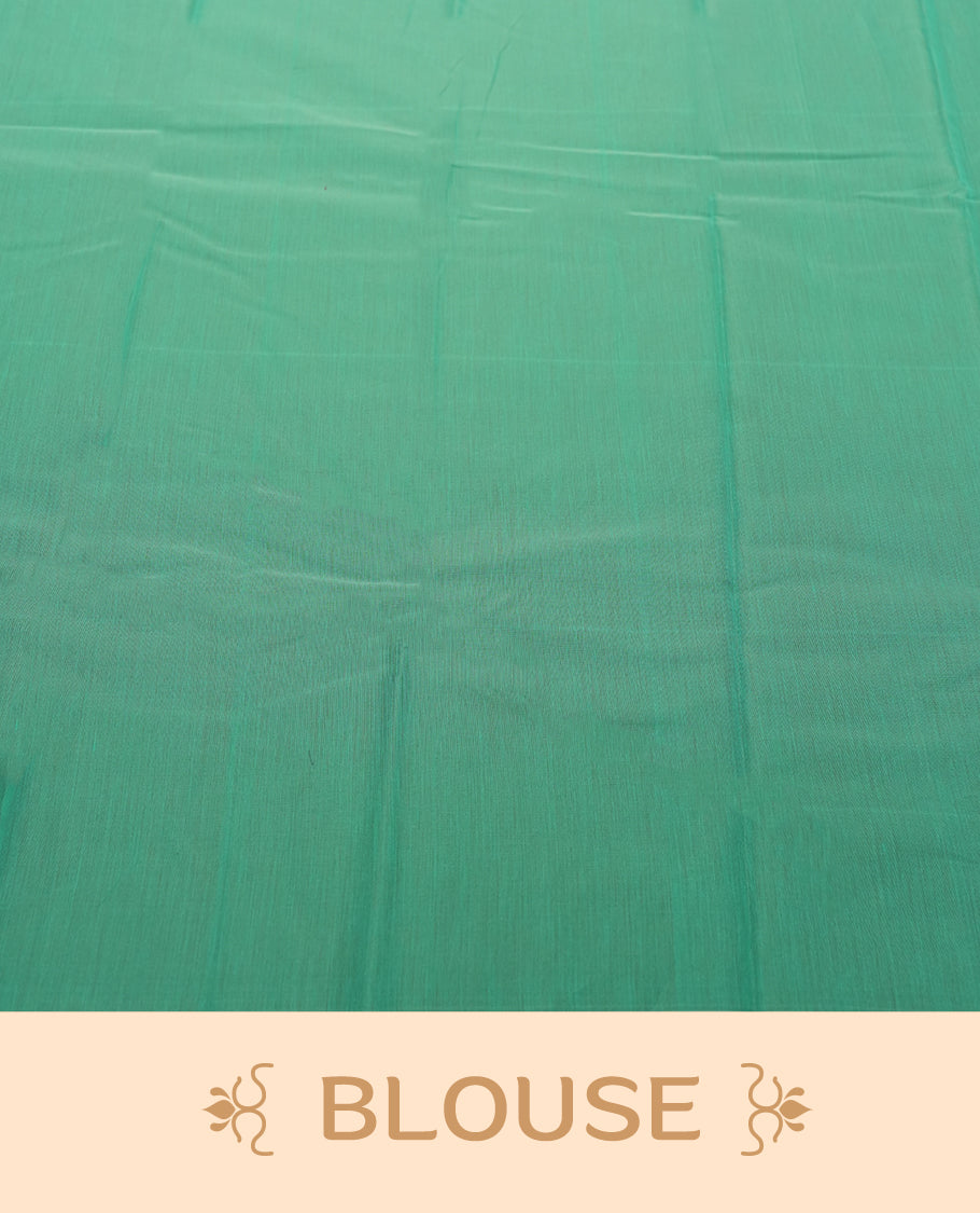 Turquoise Colour Silk Cotton Saree with White and Grey Arrow Motifs Body, Accented by White Floral Geometric Pattern Pallu, Paired with Matching Blouse Piece