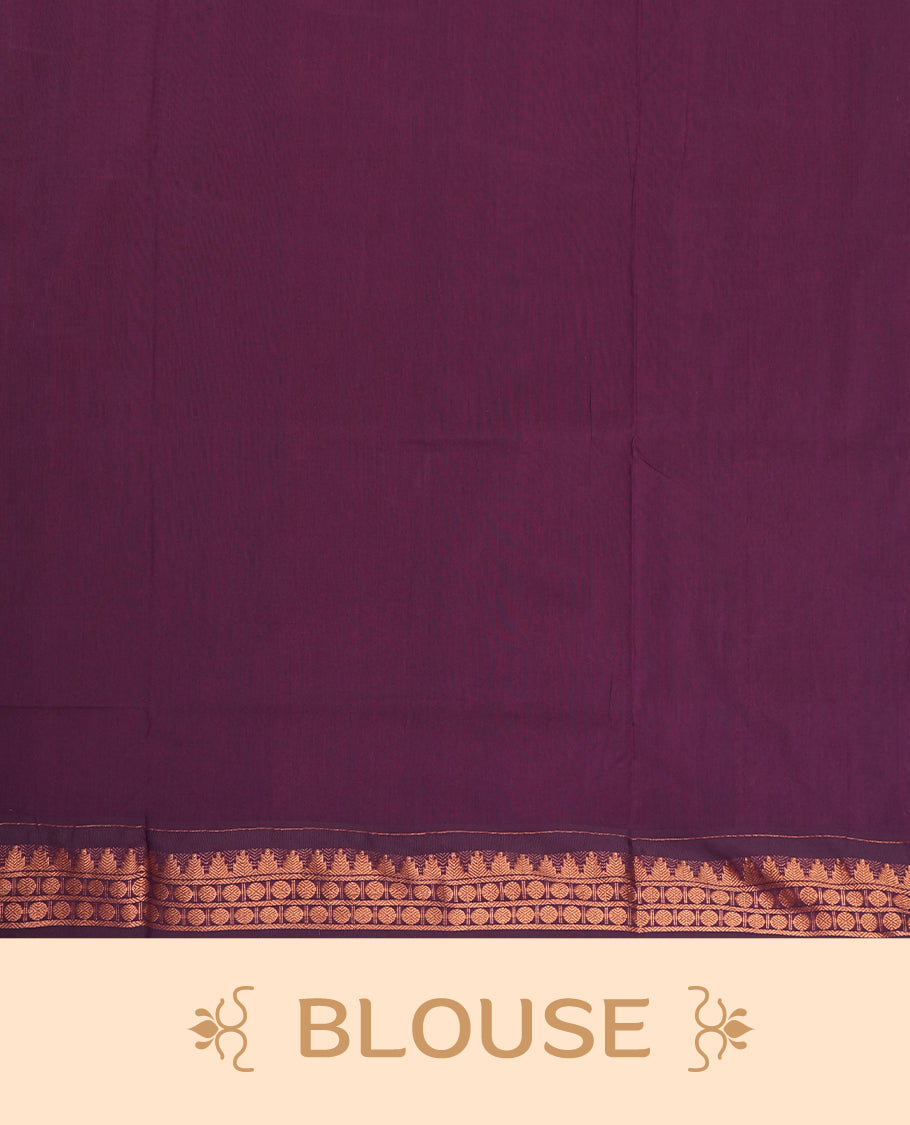 Lemon green colour Kalyani Cotton saree with delicate woven zari motifs all over, paired with a contrasting wine border and pallu intricately woven with rich copper zari & Comes with a matching blouse piece.