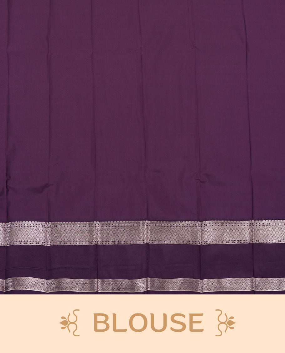 Raspberry Pink Colour Semi Silk Saree with Silver Horizontal Striped Body, Contrasting Deep Purple Silver Zari Pallu & Border, Traditional Leaf Motifs, and Matching Blouse Piece
