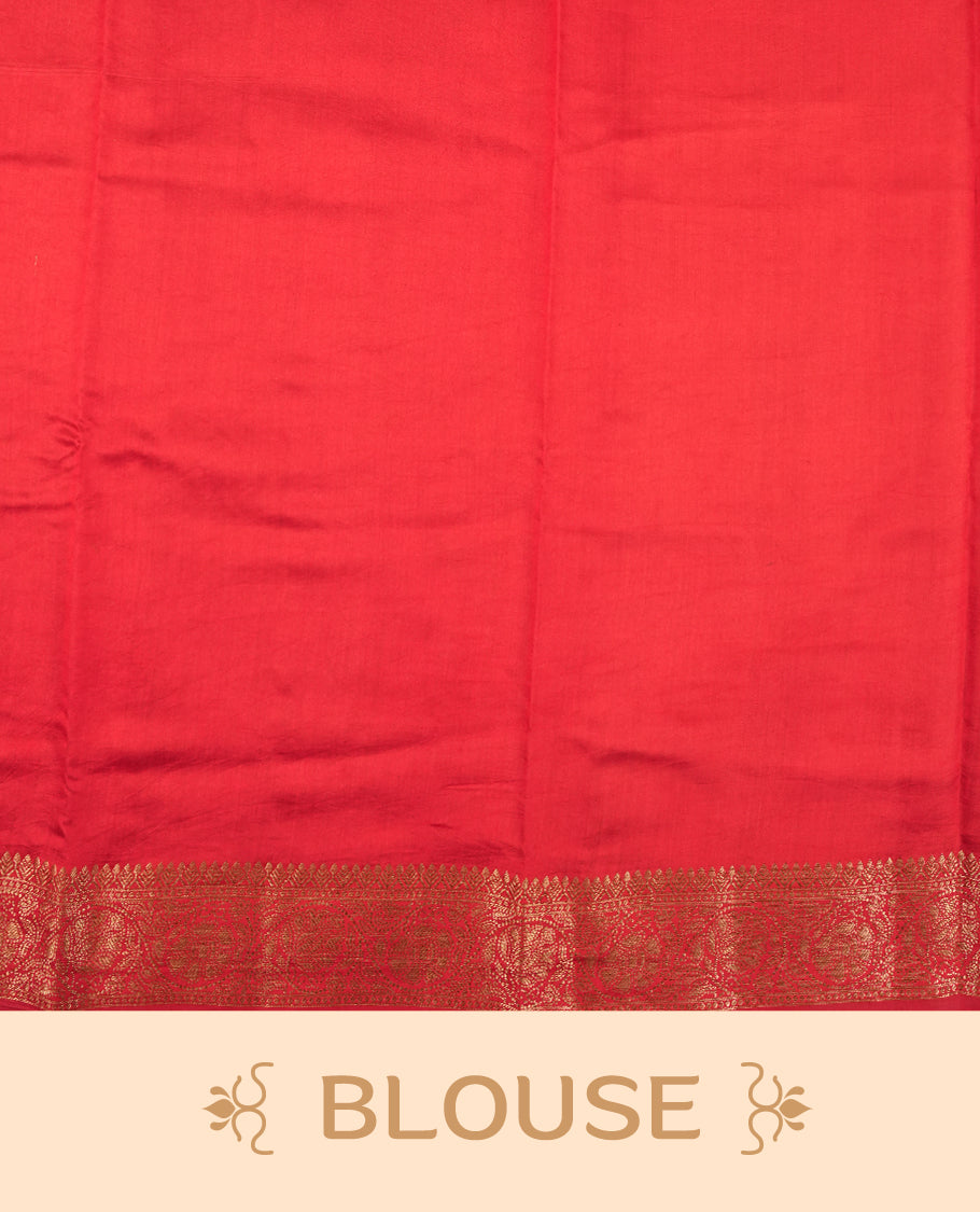 Golden Yellow Colour Banaras Soft Silk Saree with Gold Zari Oval Textured Buttas, Simple Decorative Pallu Border, Grand Pallu with Ornate Circular and Foliate Motifs in Red and Gold Tones, and Matching Red Blouse.