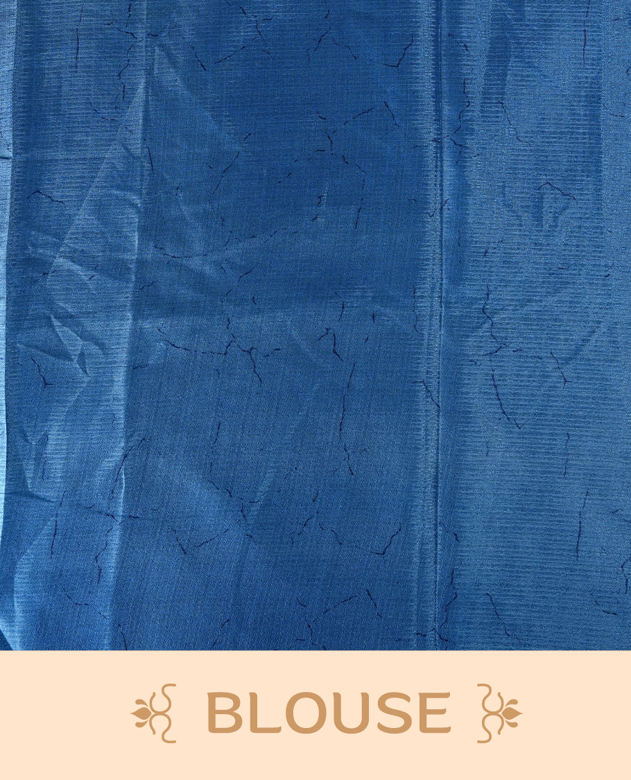 Sapphire blue colour semi khadi silk saree with off white floral motifs and subtle , exuding timeless elegance and modern charm & paired with a matching blouse.