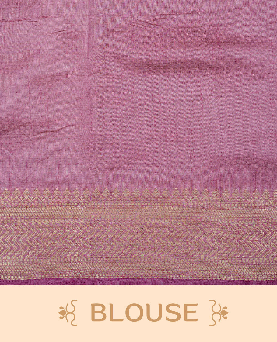 White cream colour Semi Tussar silk saree featuring an elegant plain body, accentuated by a contrast Mauve border adorned with intricate gold zigzag zari work, paired with a matching blouse piece.