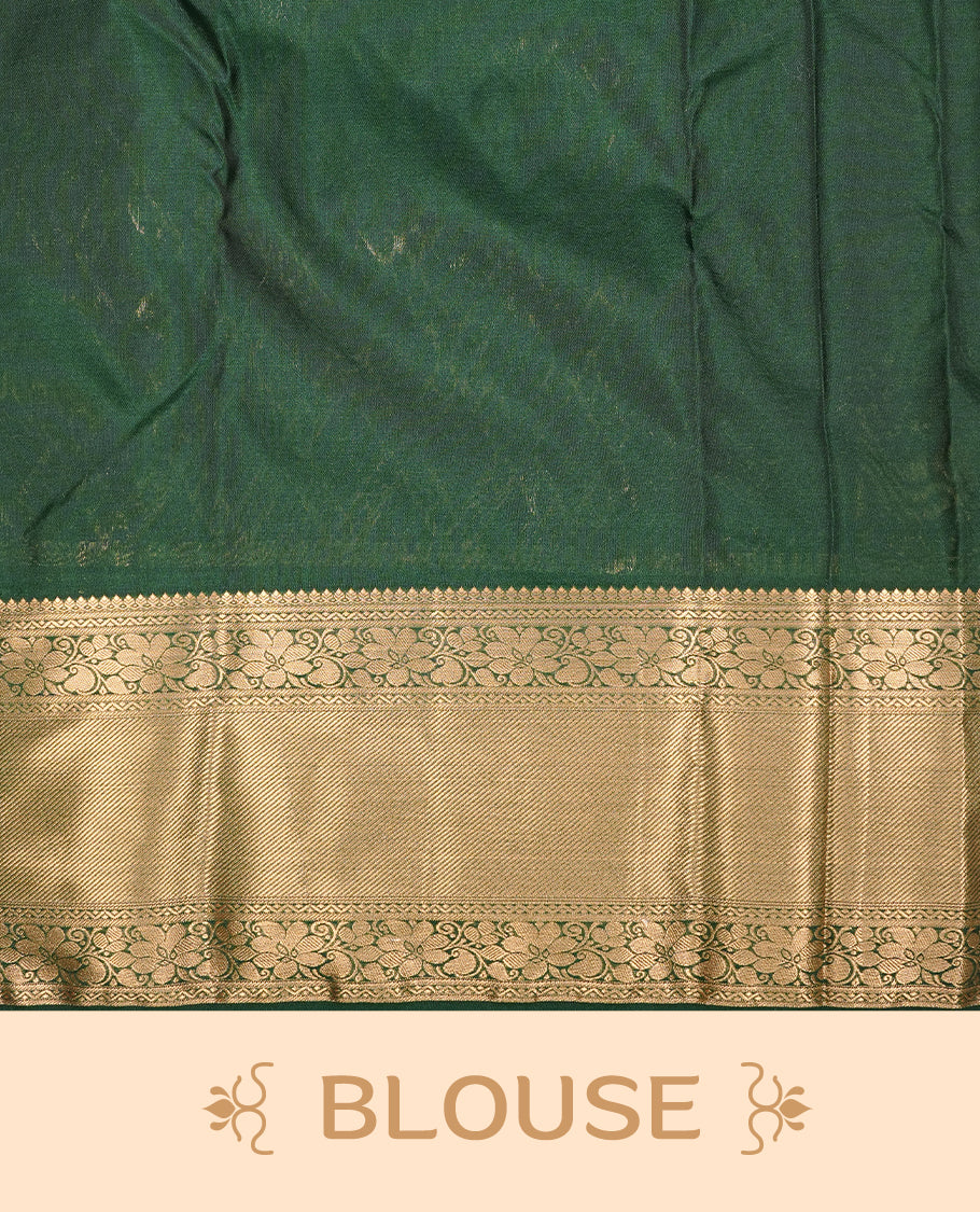 Bottle green Semi Wedding Silk Saree featuring Gold Zari zigzag pattern On body, Complemented with traditional zari with Self colour border, paired with matching blouse piece.