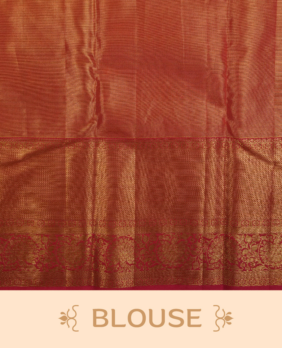 Reddish pink & gold double shade colour kancheepuram tissue silk saree highlighting gold zari pattern body, with contrast Reddish pink colour colour with traditional border and paired with matching blouse.