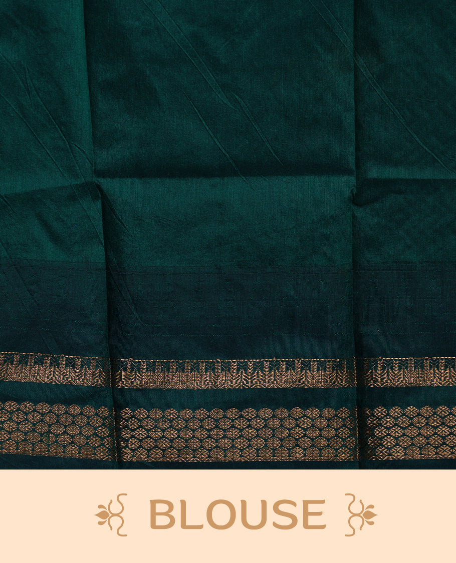 Mustard colour kalyani cotton saree featuring Antique zari motifs on body, contrast green colour border with geometric antique zari pattern, paired with matching blouse piece.