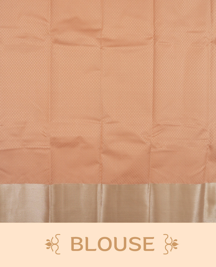 Light peach colour semi soft silk saree featuring a self coloured tiny diamond patterned body, complemented by Gold colour traditional pallu with tiny diamond pattern and border and a matching blouse piece.