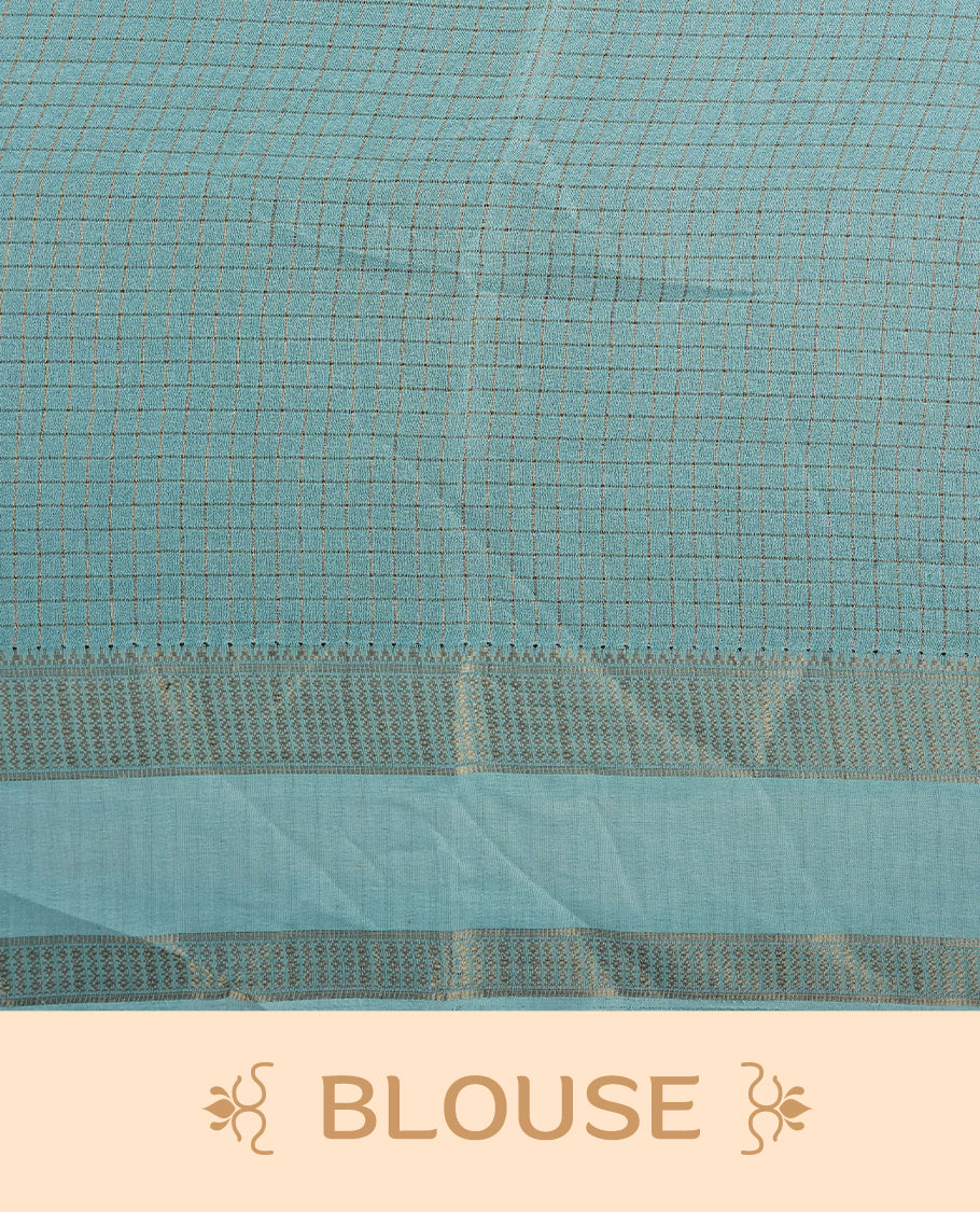 Navy Blue colour saree featuring fine check patterns on the body, paired with a Aqua Blue zari woven border and pallu. Comes with a matching blouse piece