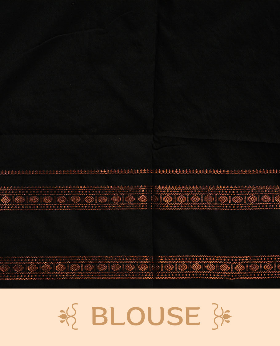 Mustard colour kalyani cotton saree featuring Antique zari motifs on body, contrast Black colour border with floral and chakra antique zari pattern, paired with matching blouse piece.