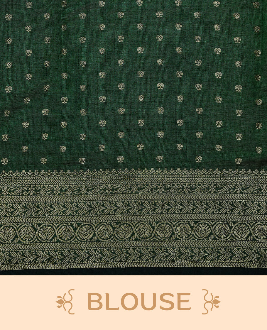 Cream colour Semi Tussar silk saree featuring an Gold zari motifs on body, accentuated by a contrast Dark green border adorned with intricate gold zari work, paired with a matching blouse piece.