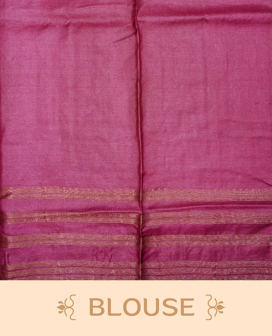 Golden Cream Colour Banaras tussar silk saree featuring Antique zari Motifs on body, Complemented by Magenta colour variant with zari border, paired with matching blouse Piece.