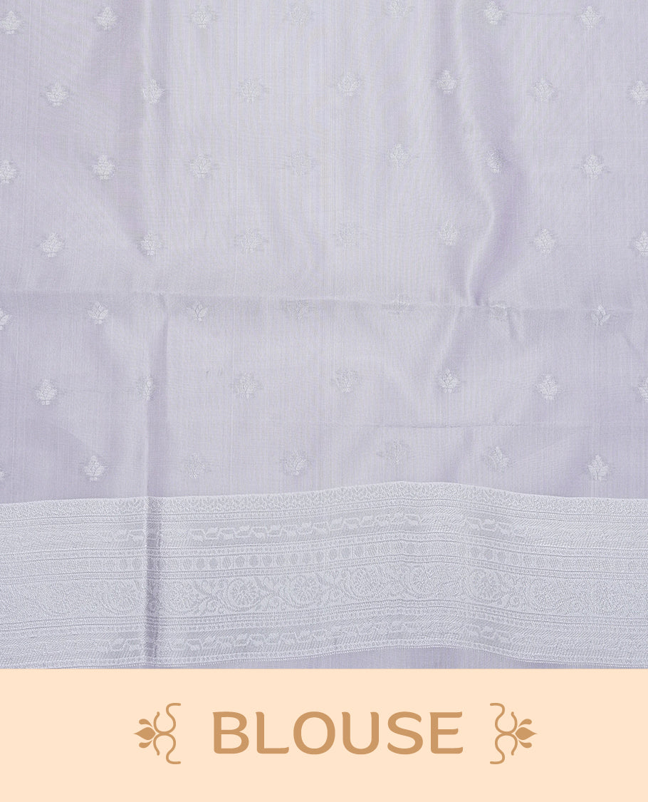 Sky blue colour semi silk saree featuring Silver zari Floral pattern on body, complemented by contrast Grey colour with silver zari border, comes with matching blouse piece.