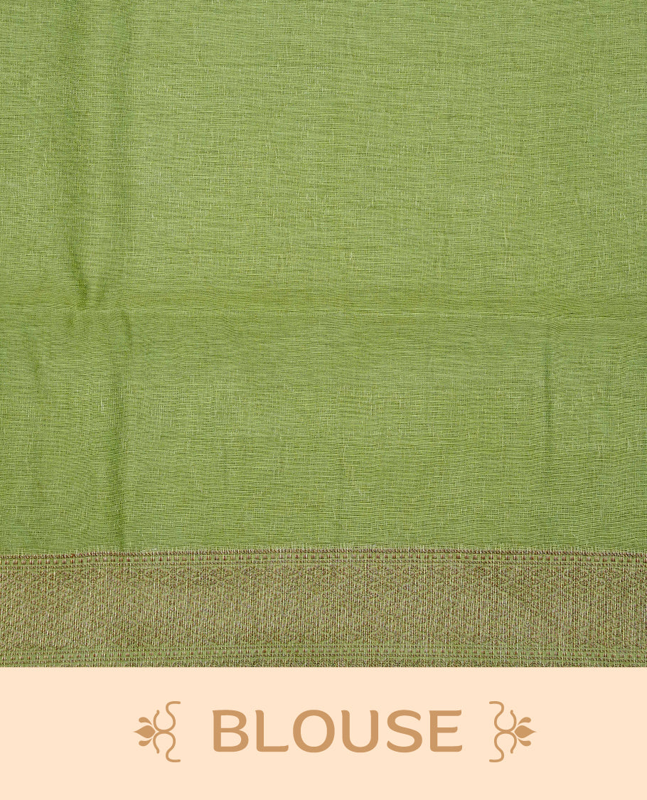 Pastel green colour banaras saree featuring Gold zari buttas on body, complemented by self colour with simple zari border, comes with matching blouse piece.