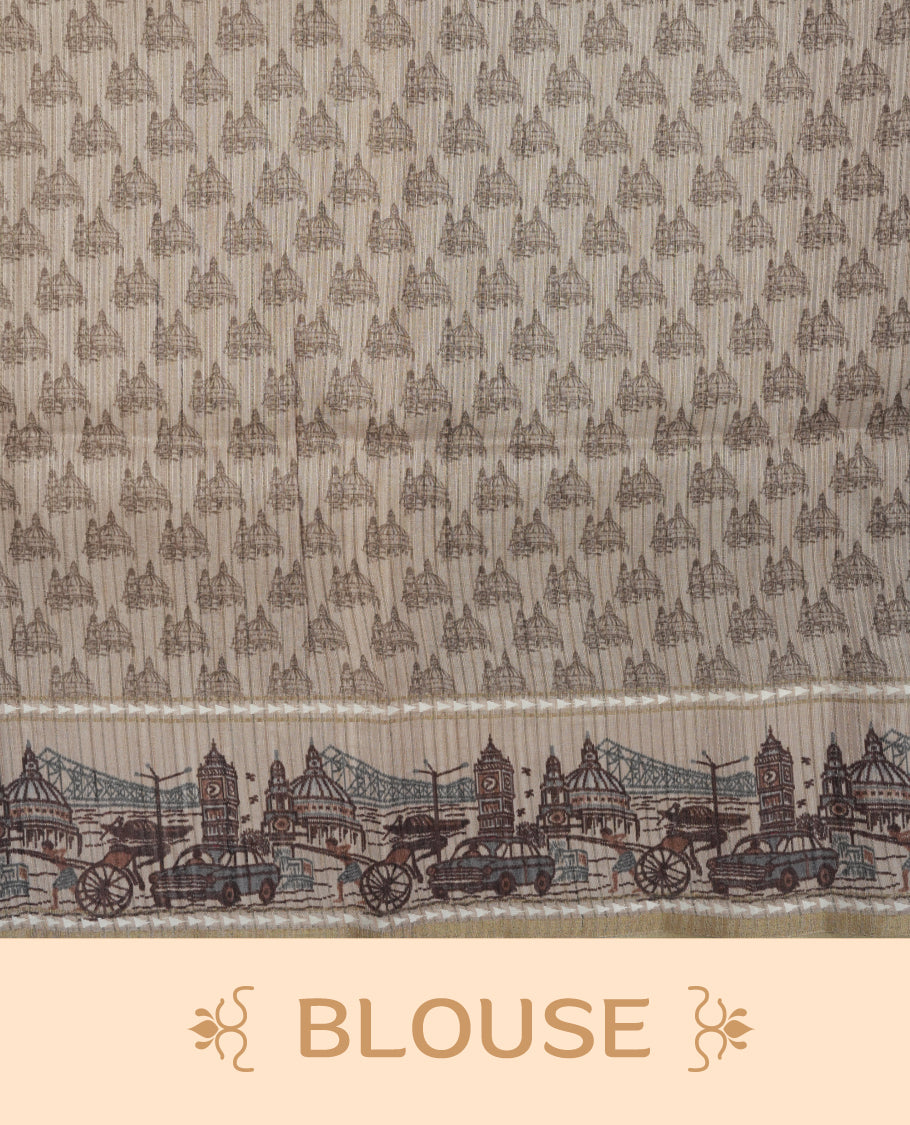 Gray colour semi tusser silk saree featuring contrast cream colour London bridge printed pattern border and paired with matching blouse.