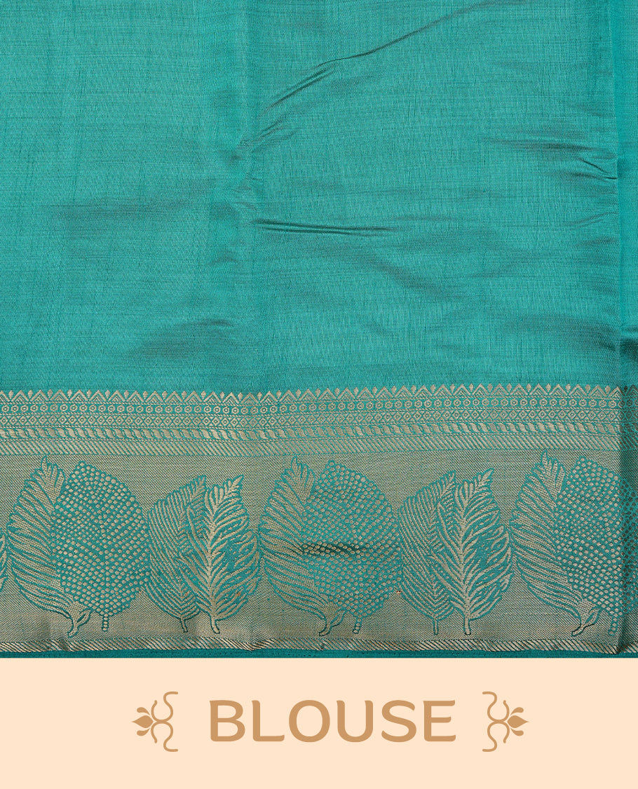 Aqua colour semi tussar silk saree featuring an elegant plain body with traditional gold zari detailed border for a refined look. Comes paired with a matching blouse piece.