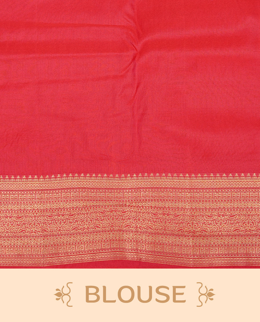 Red Semi Wedding Silk Saree featuring Gold Zari Motifs On body, Complemented with traditional zari with Self colour border, paired with matching blouse piece.