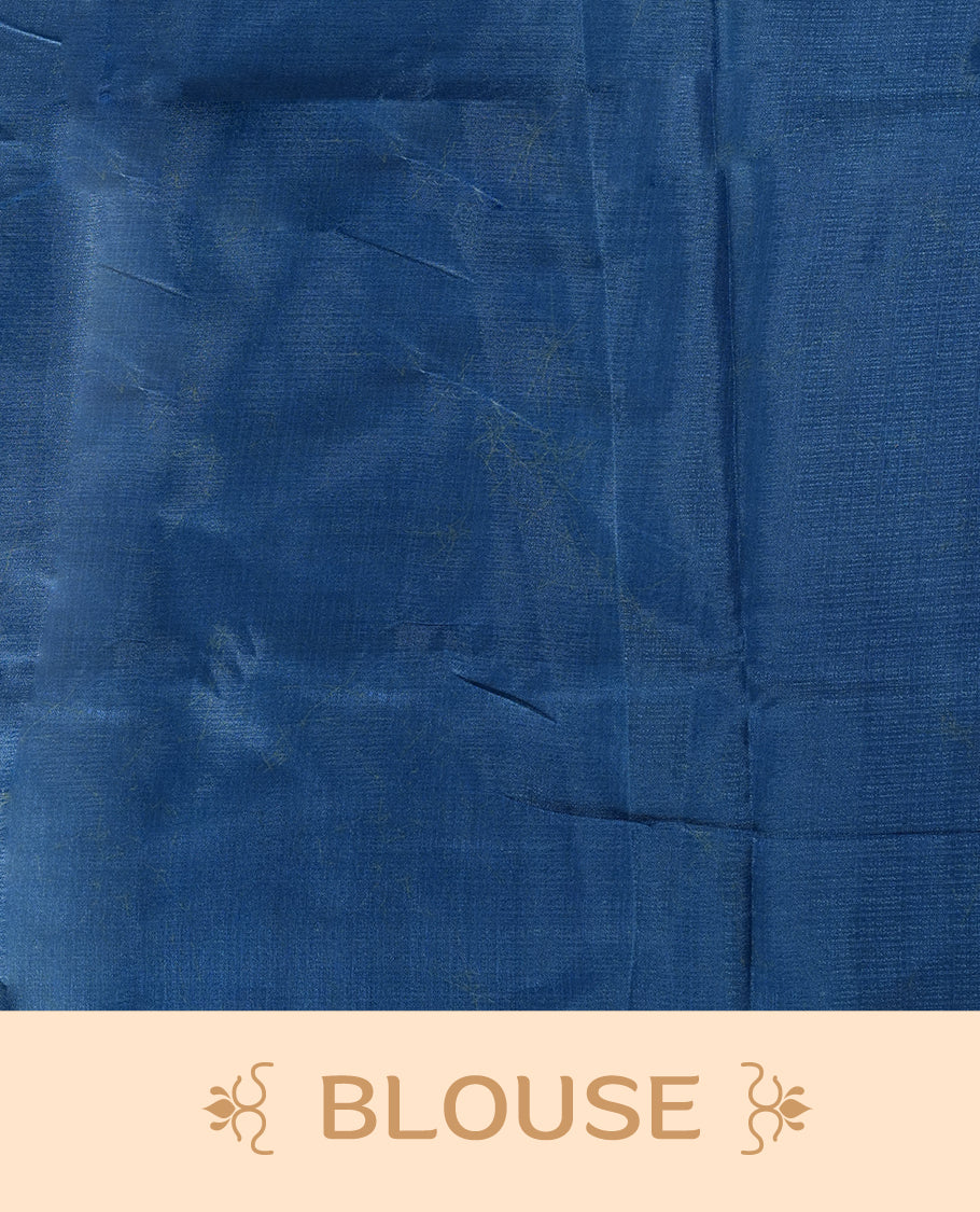 Blue and off white colour saree featuring bold floral patterns and contemporary artistry, bringing together tradition and modern style & paired with a matching blouse.