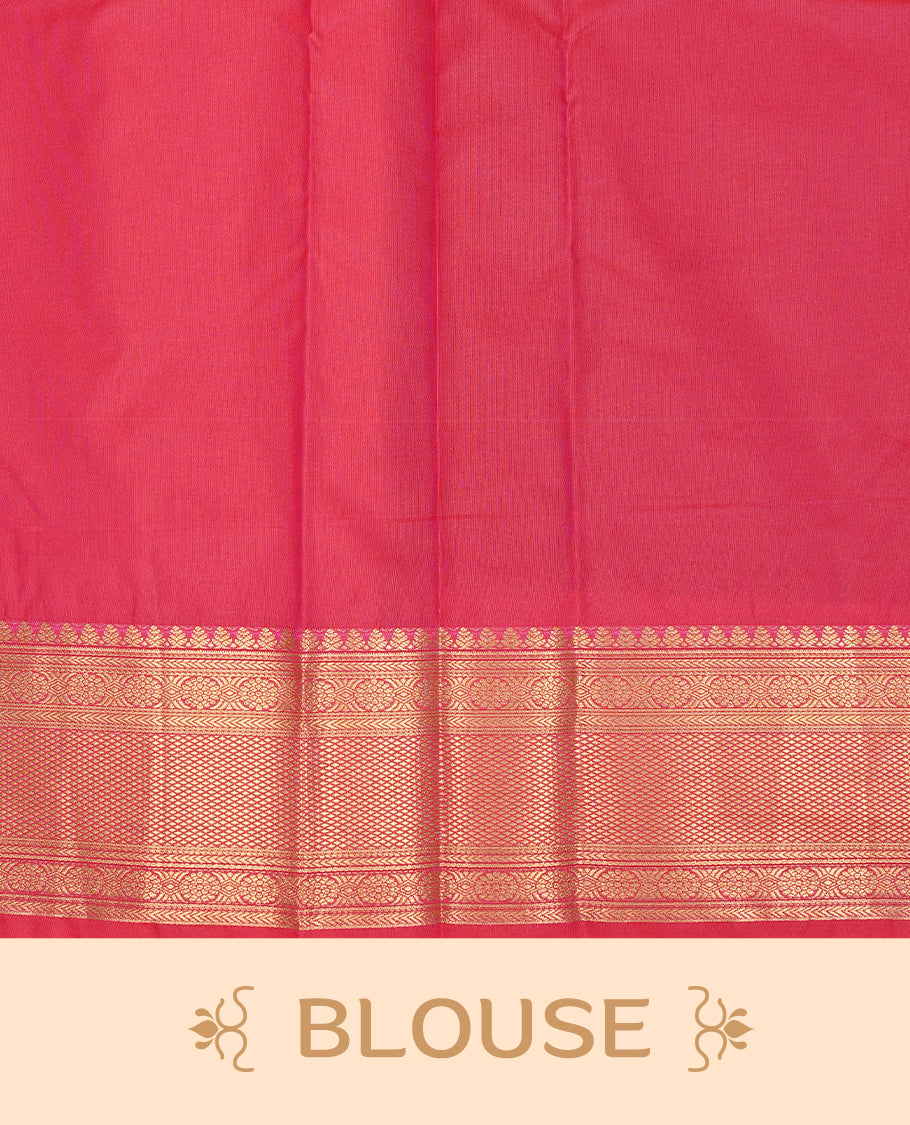 Peacock colour semi Wedding silk saree featuring Gold zari motifs on body, enhanced with Contrast red colour with traditional border, paired with matching blouse piece.