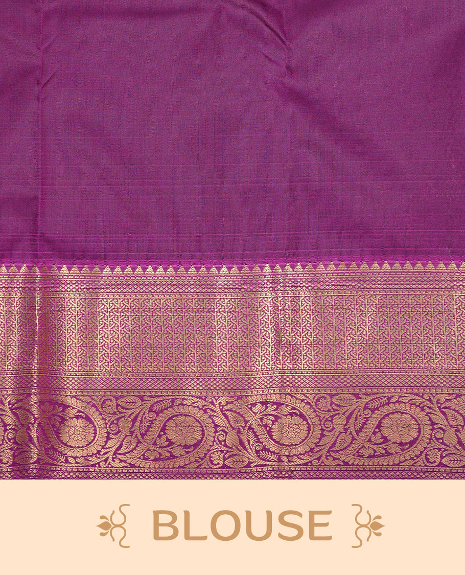 Purple Semi Wedding Silk Saree featuring Gold Zari Check with Motifs On body, Complemented with traditional zari with Self colour border, paired with matching blouse piece.