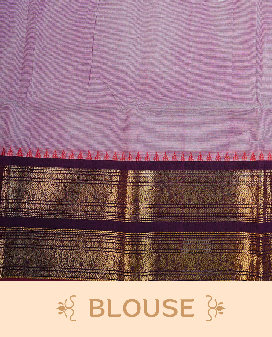 Lavender colour Chettinad cotton saree featuring Elegant plain body, complemented by contrast Purple colour with Gold zari border, paired with matching blouse piece.