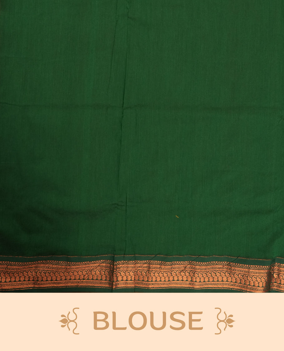 Mustard yellow colour Kalyani Cotton saree with woven zari motifs all over, paired with a contrasting green border and pallu intricately woven with copper zari & Comes with a matching blouse piece.