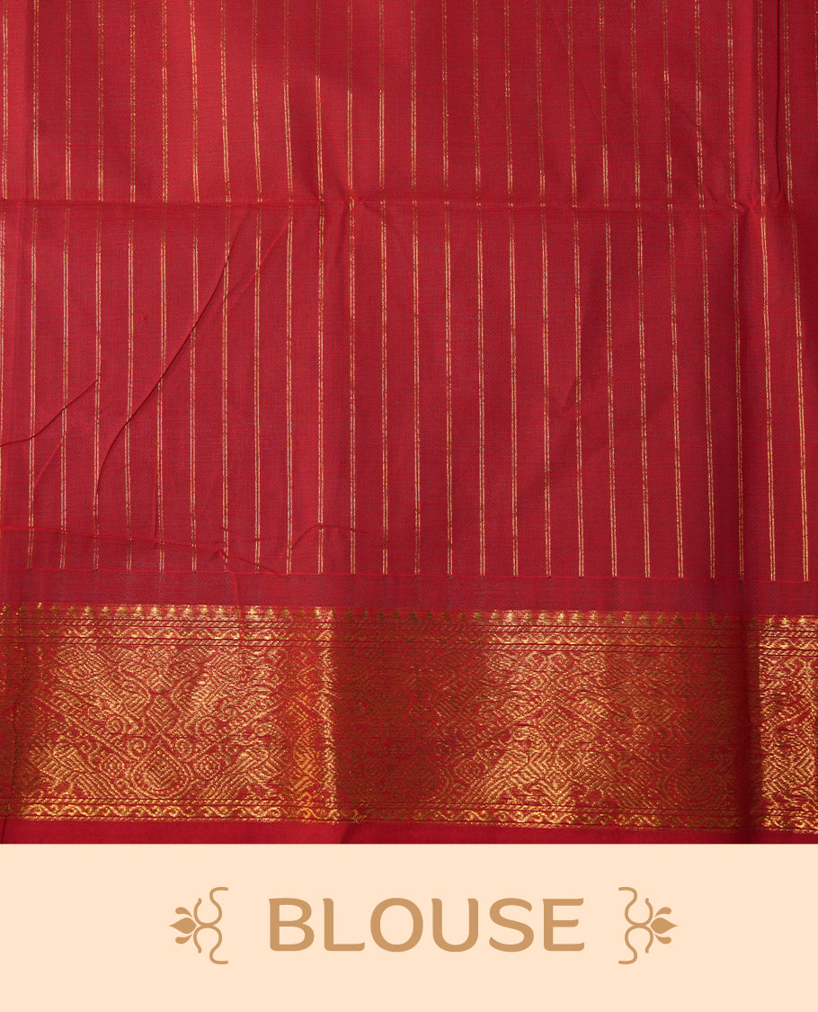 Red colour chettinad cotton saree featuring gold zari stripes on body, self colour with zari border, paired with matching blouse piece.