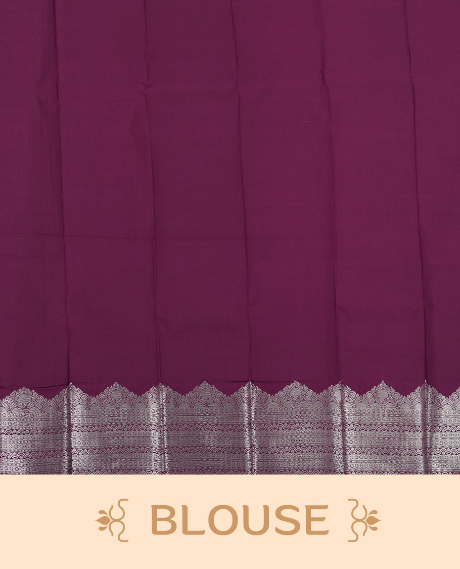 Dark khaki colour Semi Silk Saree with silver zari patterns on the body with self coloured, paired with a contrasting dark violet colour traditional pallu and a matching blouse piece.