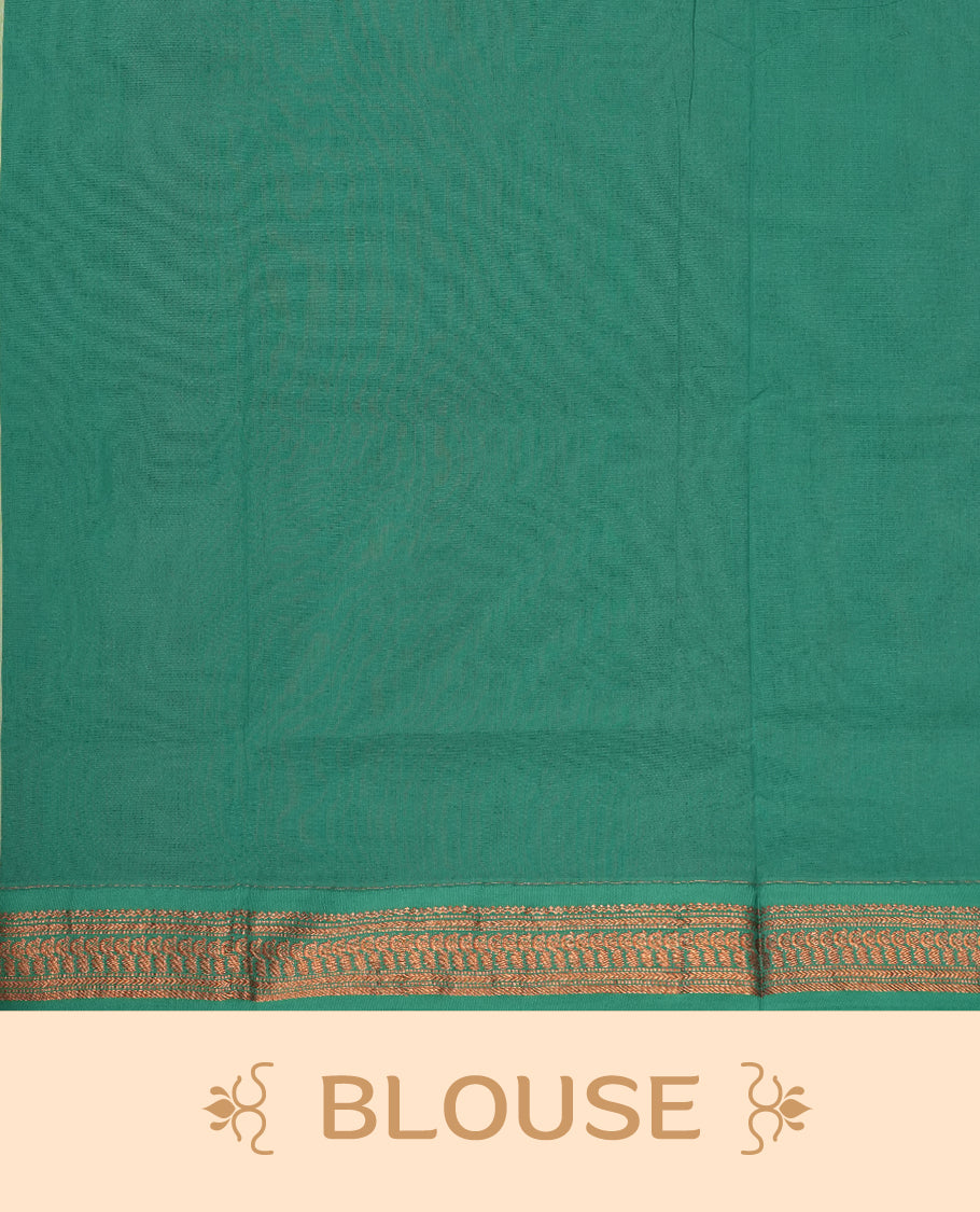 Mint green colour Kalyani cotton saree with subtle zari motifs all over, paired with a contrasting teal green rich copper zari woven border and pallu & Comes with a matching blouse piece.