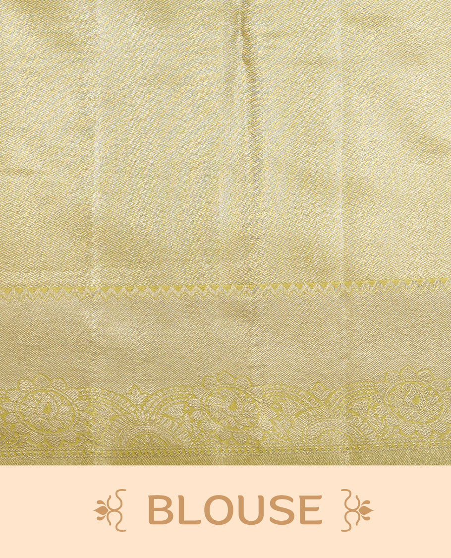 Yellow colour Tissue saree Featuring yellow, Gold, silver zari Scales design on body, complemented by traditional border on self colour, paired with matching blouse piece.