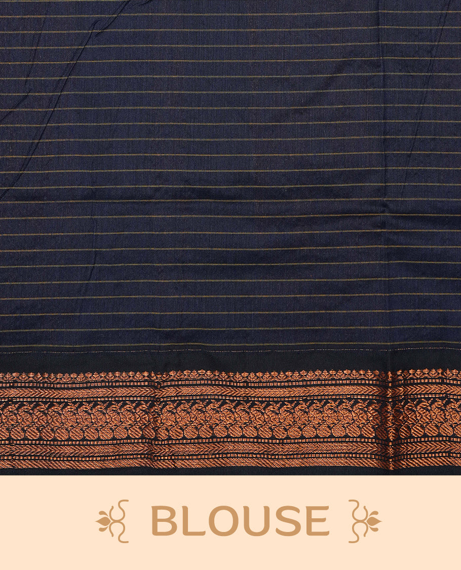 Yellow colour Kalyani cotton saree featuring Gold zari check pattern on body, complemented by Contrast Navy Blue colour with grand gold zari border & pallu, matching blouse piece
