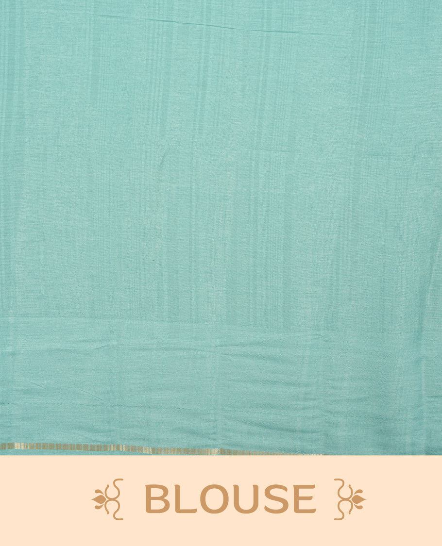 Powder blue colour semi Tussar saree highlights gold zari check pattern across body, border, pallu and paired with matching blouse piece.
