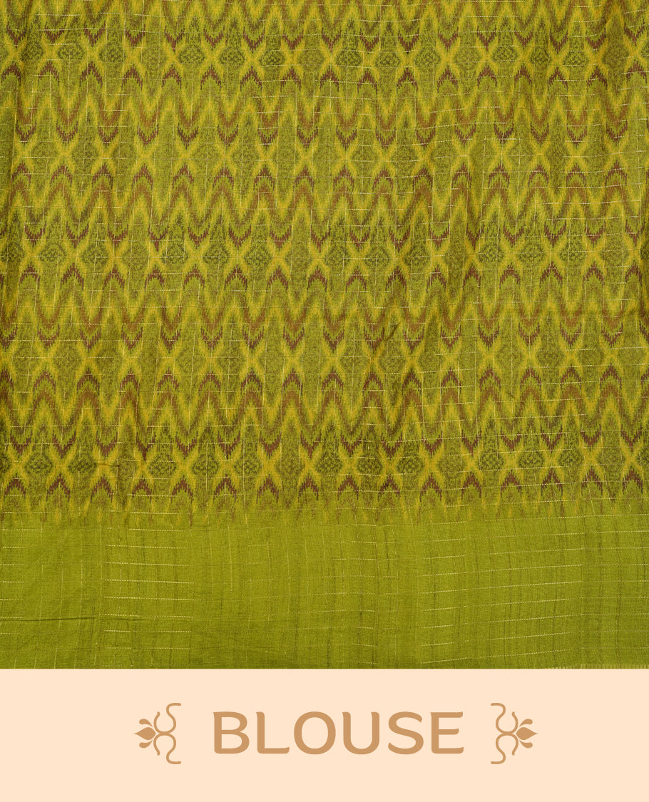 Beige colour semi tussar saree highlighting elegant plain body, contrast green colour border with gold zari box pattern, pallu and comes with matching blouse piece.