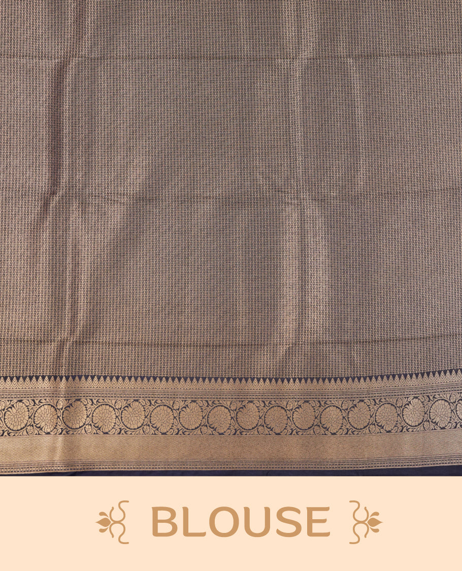 Red colour semi silk brocade saree featuring intricate Gold Floral kodi patterns across the body, complemented by a contrast navy blue colour woven border and pallu, paired with a matching blouse.