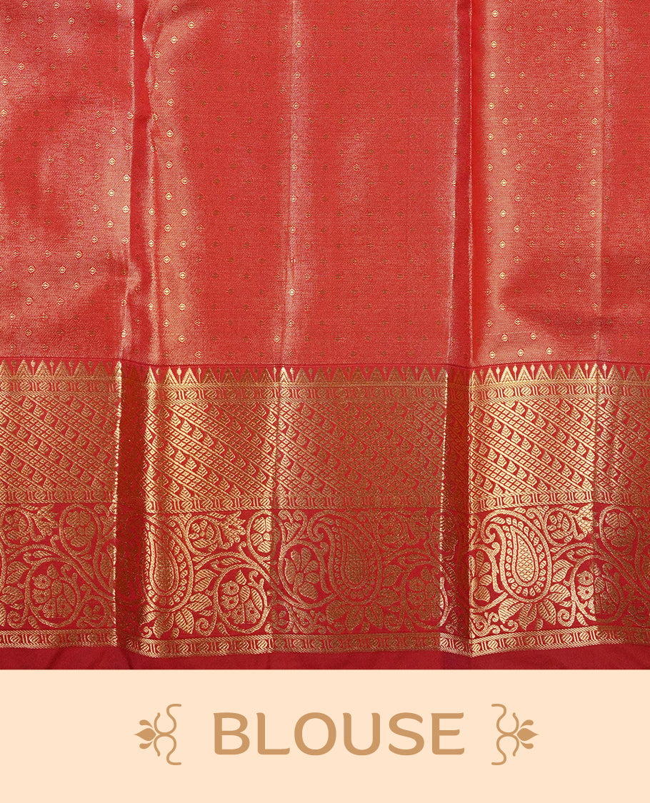Green & Gold colour Double shade Semi tissue silk saree featuring Gold zari Floral pattern on body, Contrast Chocolate colour with Fancy border, paired with matching.