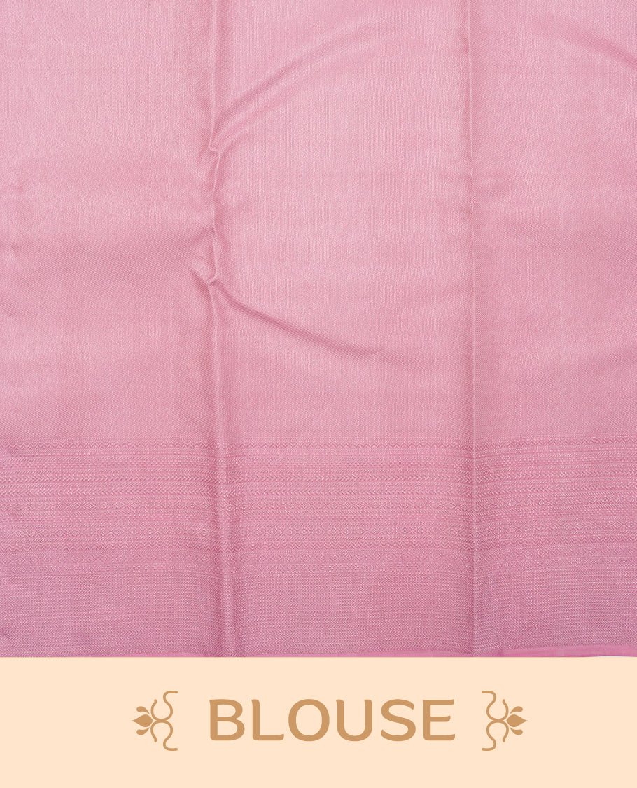 Baby pink colour pure wedding silk saree featuring Light gold zari Floral kodi pattern on body, complemented by self colour with traditional border, comes with matching blouse piece.