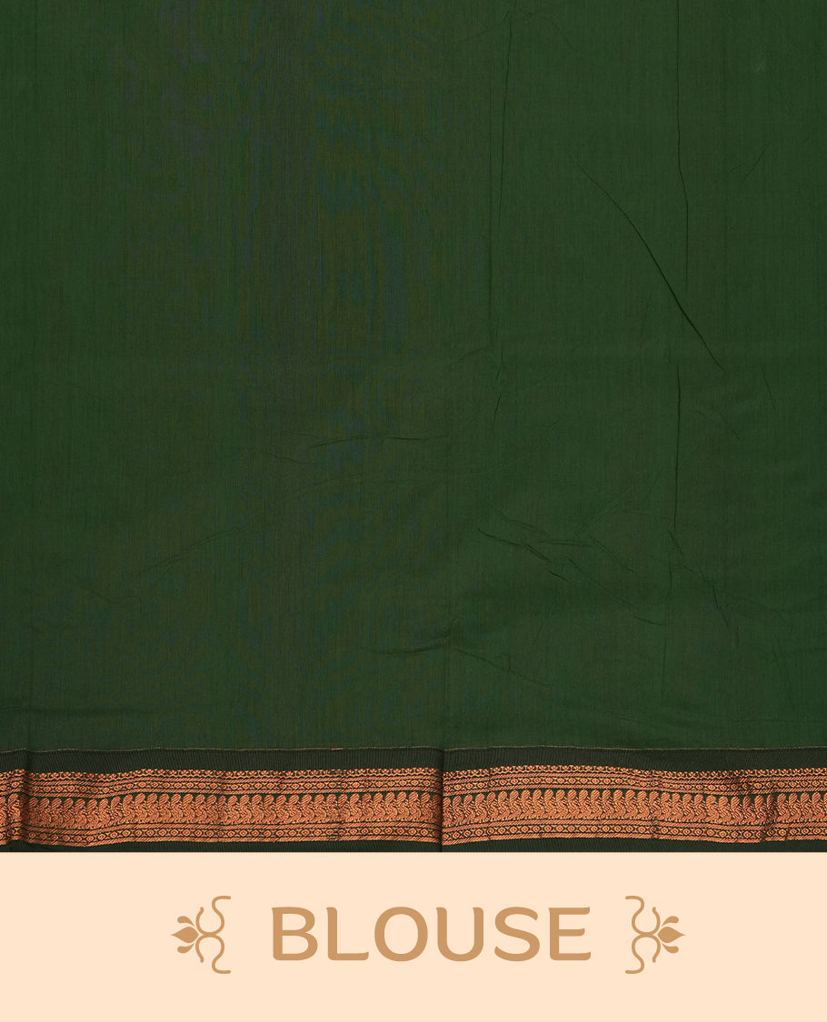 Maroon colour Kalyani cotton saree with subtle zari motifs all over, paired with a contrasting green rich copper zari woven border and pallu & comes with a matching blouse piece.