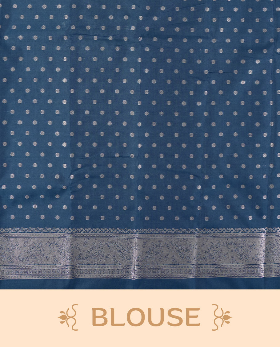 Teal Blue Semi Silk Saree with Silver Zari Floral Woven Pallu and Border, Subtle Zari Butta Motifs on the Body, Tassel Detailing, and Coordinated Blouse Piece