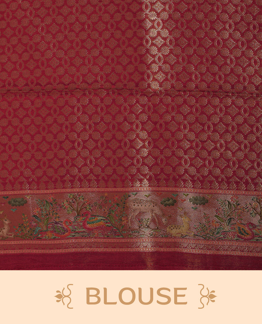 Beige colour Pashmina silk saree intricately woven with Mughal inspired garden scenes and figurative motifs across the body, framed by a rich maroon storytelling border and grand pallu, paired with a coordinated maroon woven jaal blouse piece