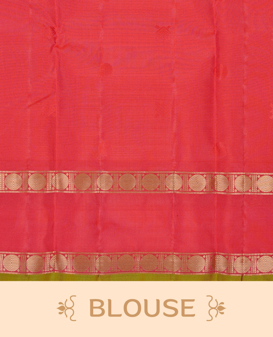 Peacock colour Traditional Kancheepuram silk saree featuring gold zari motifs on body, enhanced with contrast Red with traditional with green piping border, paired with matching blouse piece.