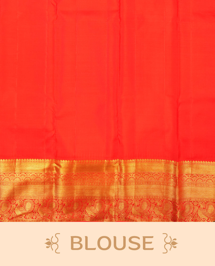 Bright Red colour Kanchipuram Samudrika Silk Saree featuring pattern weaving with gold zari jacquard and a traditional Kanchipuram zari border, paired with a matching designer jacquard blouse piece