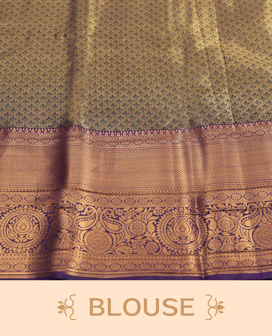 Light green colour and Antique silver Zari Tissue Brocade Saree features intricate a floral Motifs on body and a deep violet colour border & pallu with floral patterns, paired with matching blouse