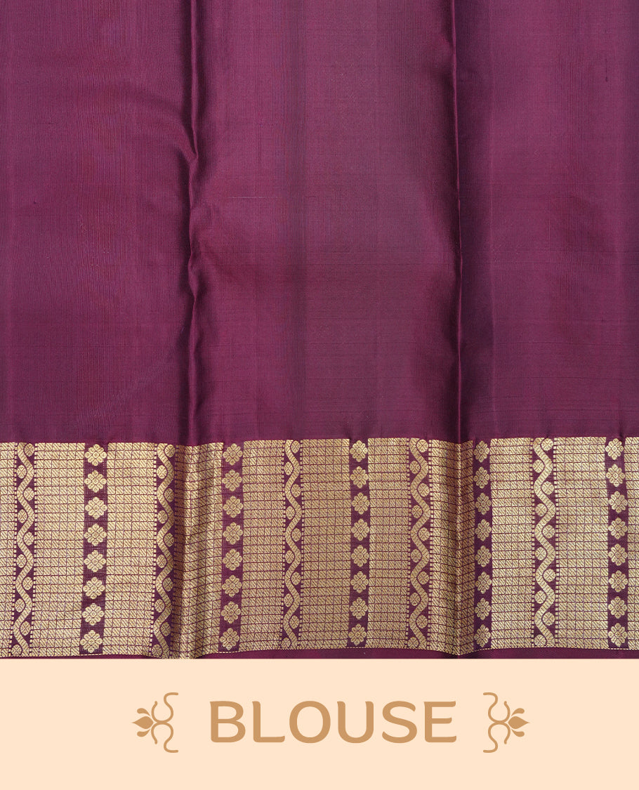 Chocolate colour Pure Wedding silk saree featuring Gold zari Floral kodi designed pattern on body, complemented by self colour with traditional border, comes with matching blouse piece.