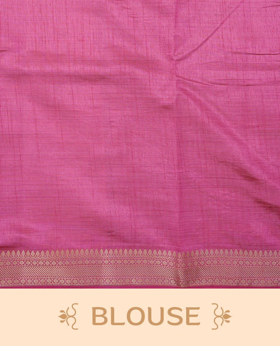 Light gold Colour Tussar saree featuring elegant plain body, complemented by contrast Magenta colour with zari work border, comes with matching blouse piece.